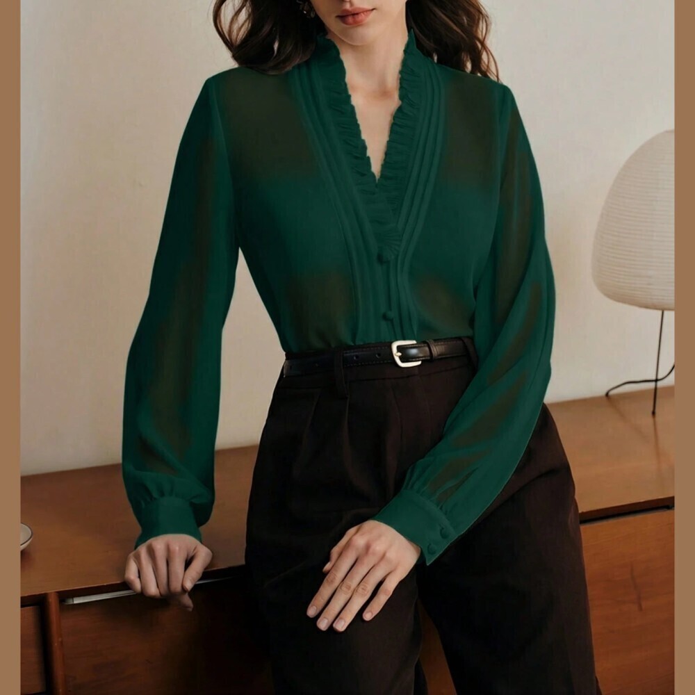 Dark Emerald Green Ruffled Deep V-Neck Button Front Long Sleeve Blouse